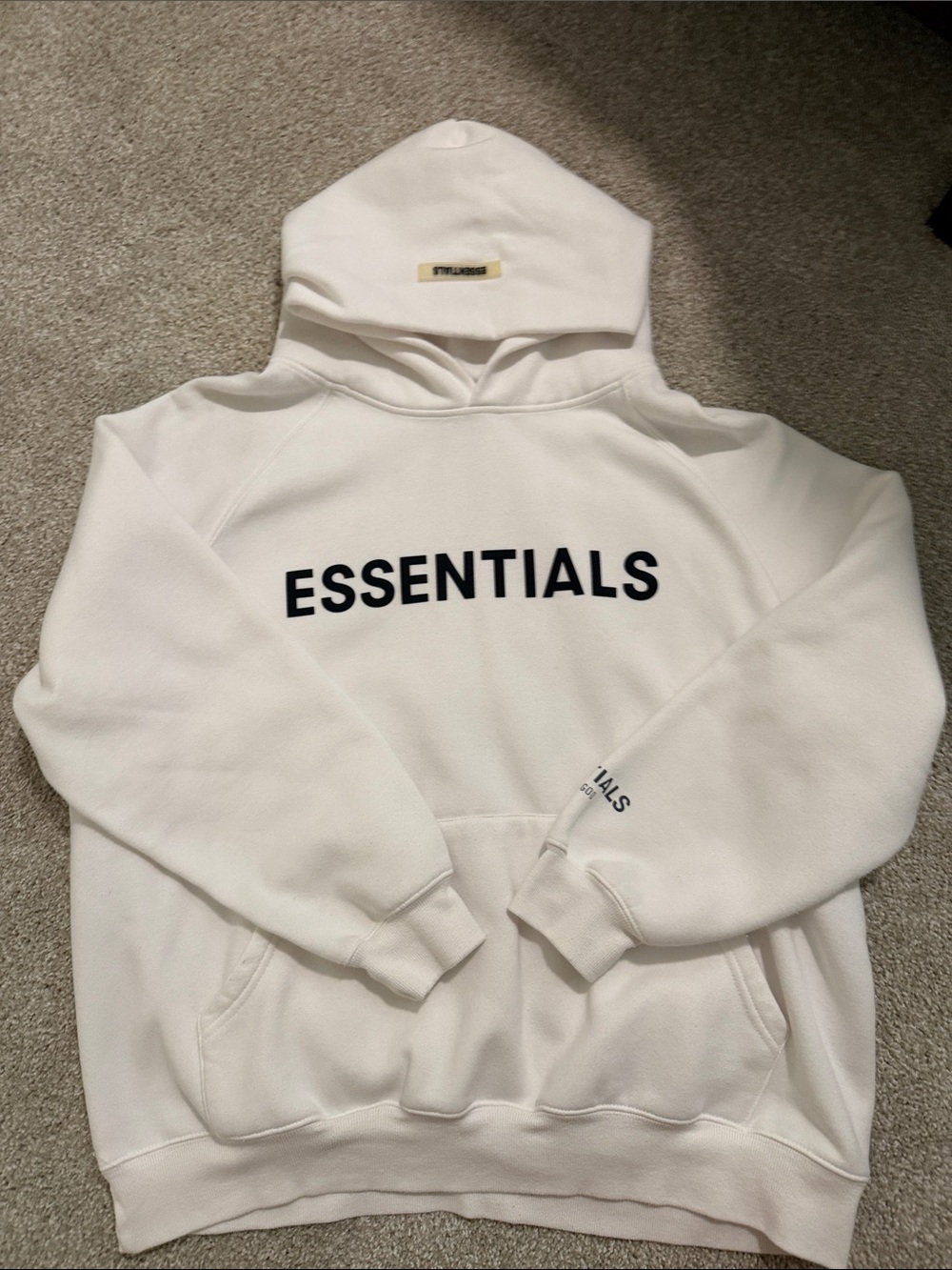 Essentials White Hoodie with Black Logo